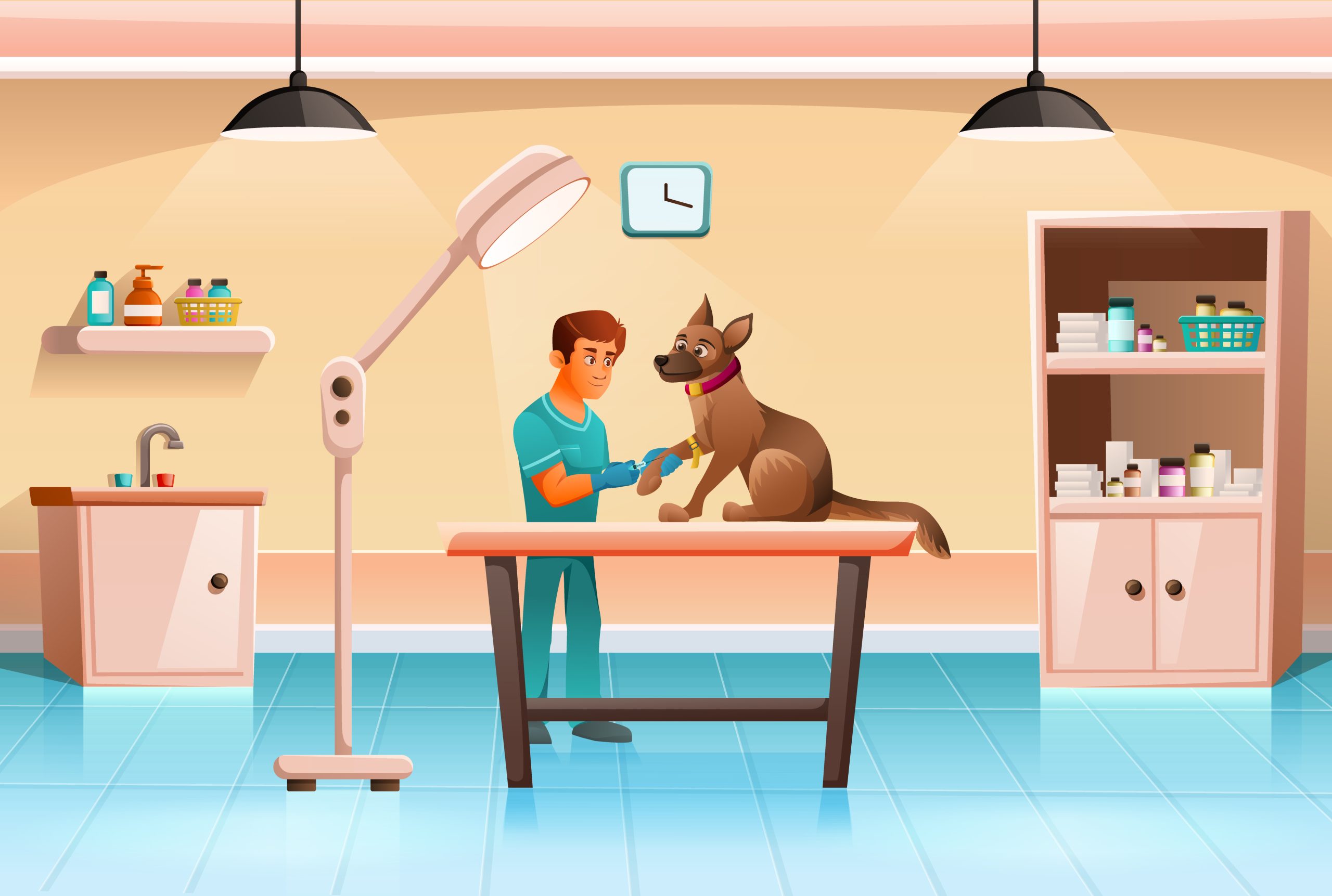 Veterinary Clinic Cartoon Image Veterinary clinic practice interior cartoon composition with veterinarian holding dogs patient paw under surgical light vector illustration